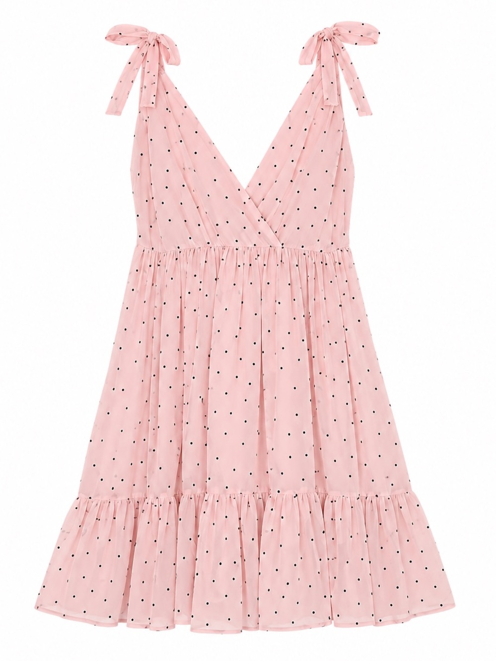 Pink Polka Dot Chiffon Babydoll Mini Dress Tie Strap Ruffle Boho Cottagecore S